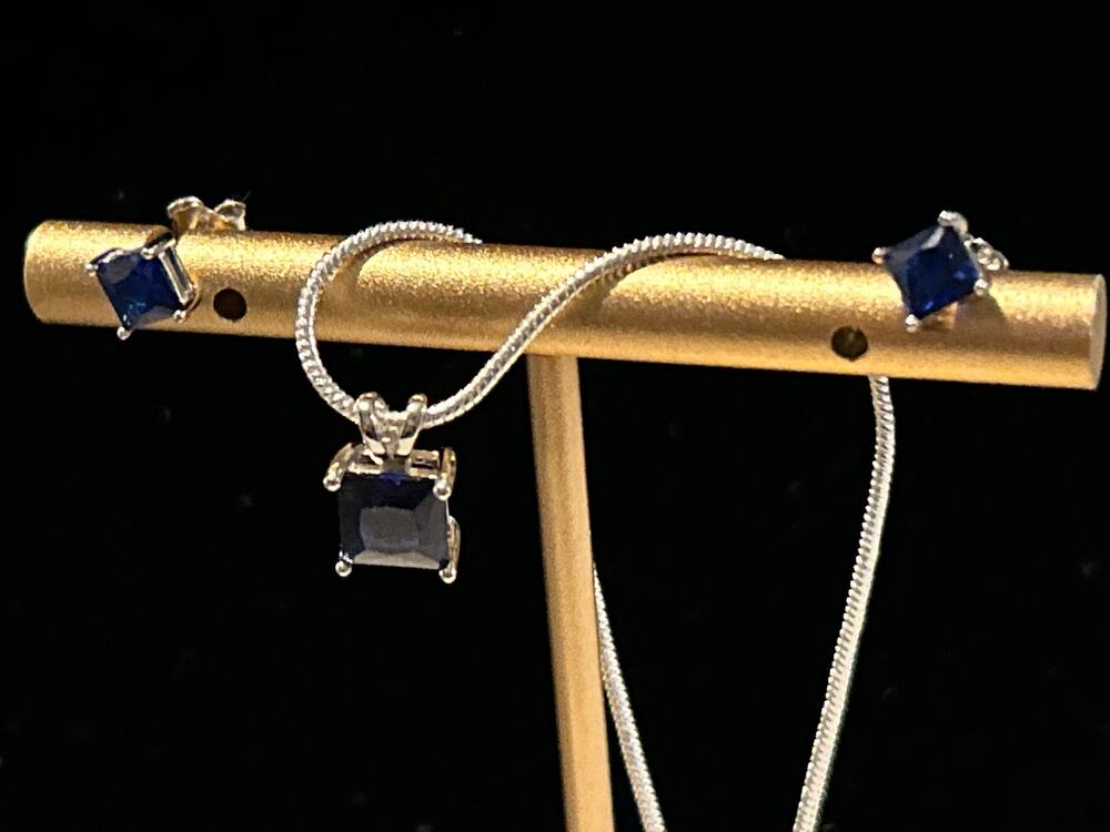 925 Sterling Silver Blue Sapphire CZ Necklace Earring Set 20" New